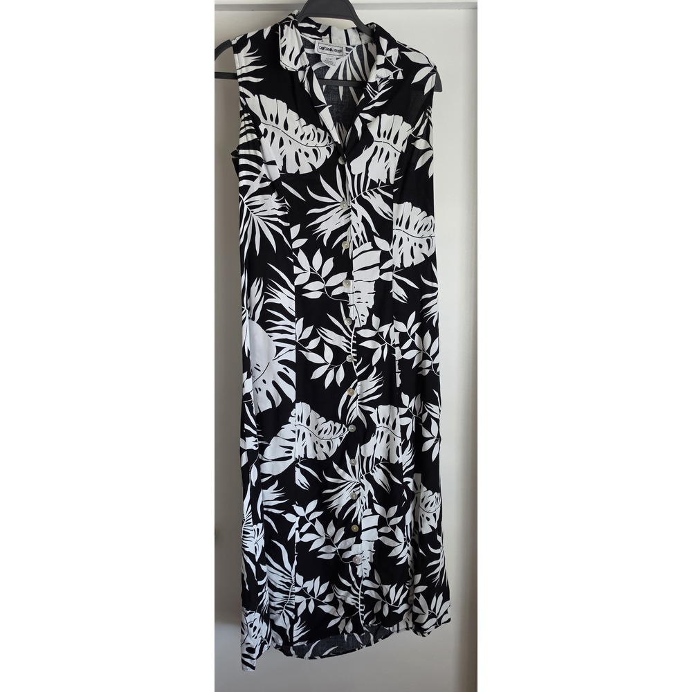 California Krush Midi Dress M Black White Tropical Collared Sleeveless Vintage